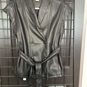 Black Vegan Leather Jacket with Belted Waist and Cap Sleeves